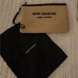 Authentic Saint Laurent Rive Gauche Straw Wristlet Clutch - Natural/Black